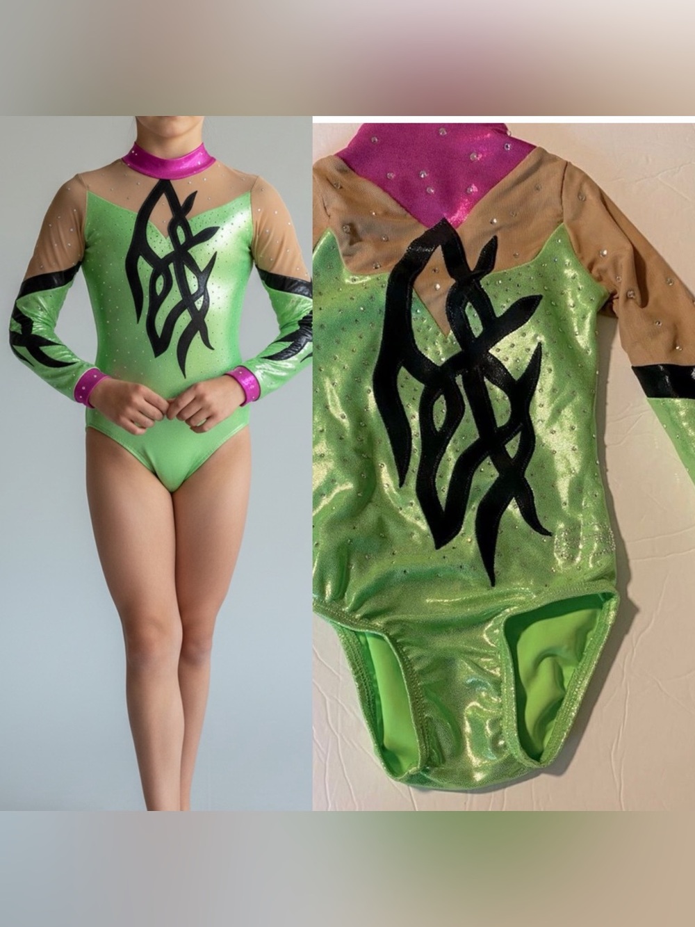 Ozone gymnastics green competition long sleeve custom leotard rhinestone YXS